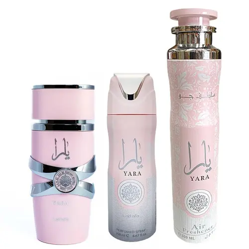 Lattafa Yara Women's 3-Piece Fragrance Combo Set - 250 ml Adults' Clean Girl Perfume, Body Spray, Scented Home Fragrance, Citrus Floral Aroma, Tropical Fruity Musk Scent, Skin & Fabric Use, Signature Gifting Bottle Pack