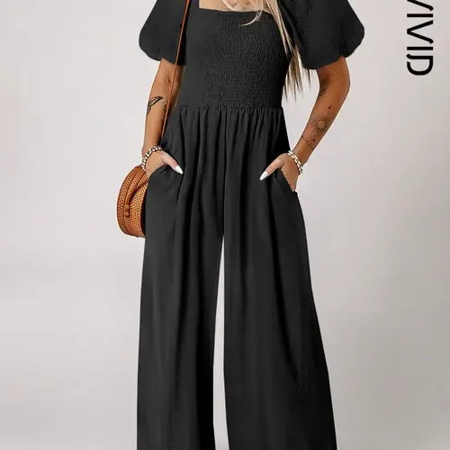 Women's Casual Elegant Chic Short Bubble Sleeve Smocked Wide Leg Jumpsuit Overalls, Fitted Plain Design with Pockets, Summer Wear