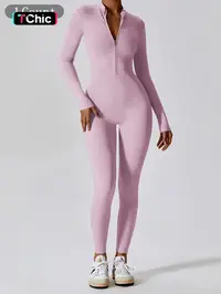 Women's Solid Zip Up Long Sleeve Sports Jumpsuit, Activewear Jumpsuit, Quick Drying Jumpsuit, Casual Sporty Comfy Jumpsuit for Yoga Gym Workout, Ladies Sportswear for All Seasons