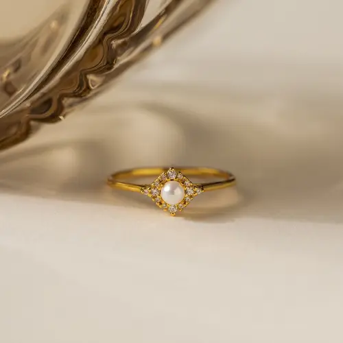 Vintage Pave Pearl Ring by Caitlyn Minimalist - Dainty Pearl and Diamond Engagement Ring - Art Deco Jewelry - Anniversary Gift for Her