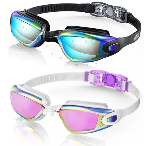 Aegend Adult Unisex 2-Pack Wide-Angle Mirrored Pool Goggles - Leakproof, Anti-Fog, UV-Resistant Silicone Swim Goggles Sports Eyewear with UV-Protection Lens (TikTok Shop Back to School)