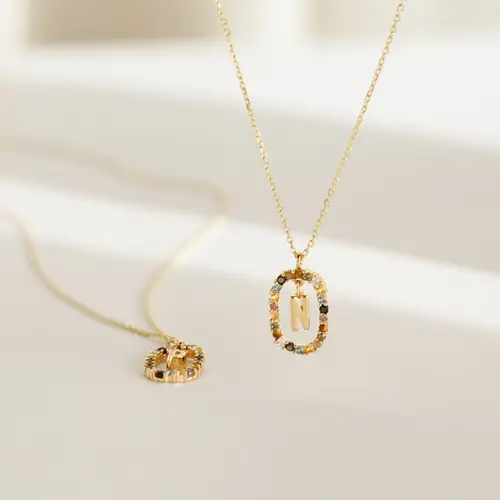 Rainbow Initial Necklace by Caitlyn Minimalist - Dainty Gold Letter Pendant Necklace with Gemstones - Personalized Jewelry - Birthday Gift for Her