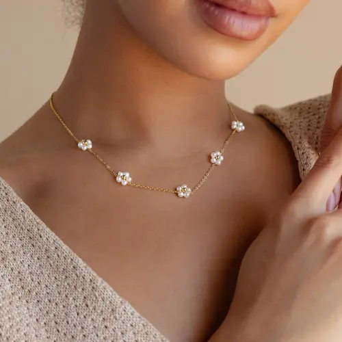 Flower Pearl Station Necklace by Caitlyn Minimalist - Dainty Beaded Pearl Flower Necklace - Gold Plated Layering Necklace - Sister Gift