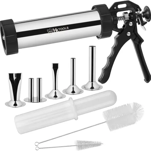Manual Jerky Maker Gun - 1 Set 2-Pound Stainless Steel Sausage Stuffer Kit with 5 Stainless Nozzles, 2 Cleaning Brushes, Kitchen Meat Utensils for Parents, Friends, Family Meals