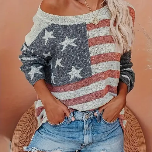 Women's Flag Print Drop Shoulder Crew Neck Knit Top, Casual Cozy Pullover, Long Sleeve Round Neck Knitwear for Spring & Fall, Fashion Ladies' Knit Clothing for Daily Wear
