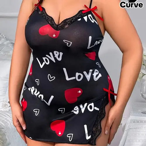 Plus Size Women's Heart & Letter Print Contrast Lace Bow Decor Spaghetti Strap Sleeveless Nightdress, Split Thigh Cami Nightgown, Sleepwear & Homewear for Summer, Sleepwear Loungewear, Nightwear Loungewear, Sleepwear Homewear Clothes