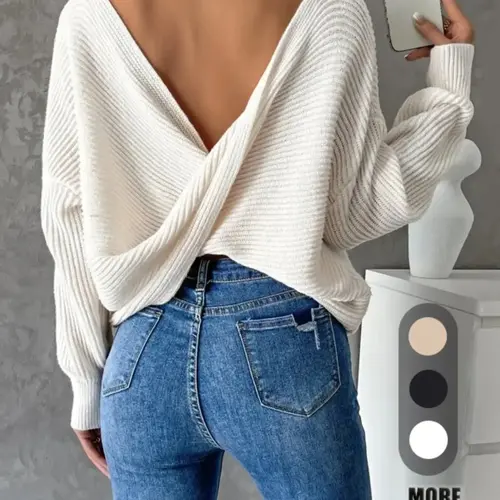 Women's Basic Plain Wrap Backless Drop Shoulder Long Sleeve Knitting Sweater Top, Y2K Style Trendy Elegant Scoop Neck Jumper for Spring & Fall, Women's Knitwear for Casual Daily Wear, Casual Fashion Knitwear, Womenswear Piece