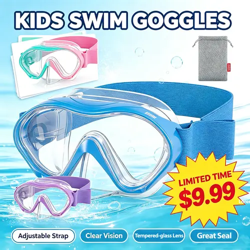 Aegend Kids' Diving Mask - Panoramic Tempered Glass Anti-Fog Lens with High-Elasticity Silicone Seal & Scratch-Resist Film, Adjustable Tangle-Free Knitted Strap, Water Sports Snorkeling Swim Goggles, High-Elasticity Silicone Swimming Goggles