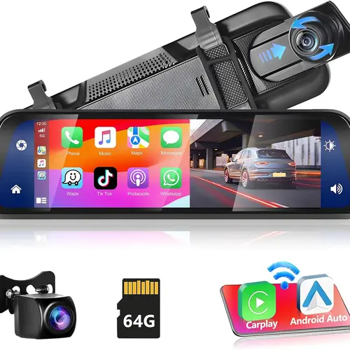 9.66in IPS Touchscreen Wireless Carplay Android Auto Dual Camera Dash Cam (Front & Rear View) with 64G Card, Loop Recording, Voice Control, FM/AUX, 24H Parking Monitor, Vehicle Car Electronics Accessories