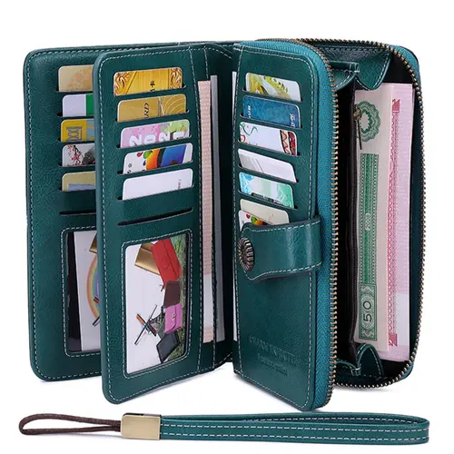 Women's Vintage PU Leather Long Wallet with Wristband, Multi-card Slot Long Clutch Purse with Flower Buckle, RFID Blocking Long Wallet for Daily Use, Rfid Blocking Wallets, Christmas Gift