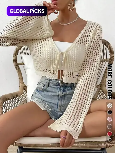 Women's Plain Hollow Out Tie Front Crop Cardigan, Casual Feminine Flounce Long Sleeve V Neck Cover-Up Knitwear Fit for Spring, Summer & Fall, Women's Knit Clothing Tops for Daily Wear