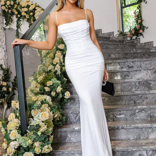 Parthea Women's Plain Ruched Zipper Boning Corset Mermaid Dress, Chic Adjustable Spaghetti Strap Sleeveless Cami Bodycon Maxi Long Dress for Evening Party Formal Wear, Ladies Summer Clothes, Formal Evening Dresses, National Day Offers