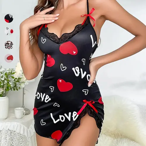 Women's Casual Fitted Sleepwear Loungewear Nightgown, Heart Pattern, Lightweight Fabric, Adjustable Straps, Soft Material, All Seasons, Romantic Gift