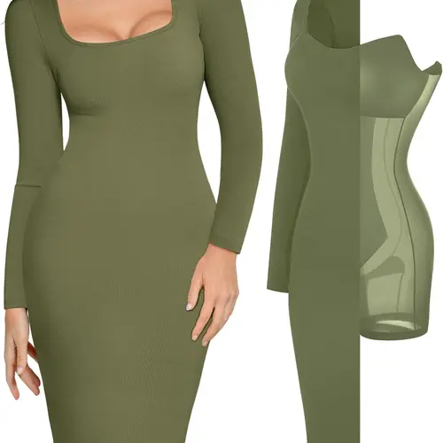 Popilush The Shapewear Dress Long Sleeve Midi Lounge Dresses Casual Womenswear Casual Wear Underwear Lady