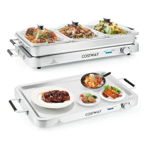 COSTWAY Buffet Servers and Warmers, 2 in 1 Electric Warming Tray, Stainless Steel Chafing Dish with Temperature Control, 3 Serving Trays, 4.5/8 Qt Food Warmers Station for Parties Banquets Events, Dishwasher Safe, 4th of july decor, dad gift