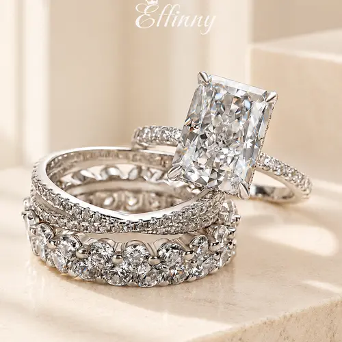 Effinny 14K Gold Plated Non-Tarnish 4.0ct Radiant Cut 4PCS Stackable Rings, Female Wedding Promise Jewelry for Anniversary, Bridal Must-Have