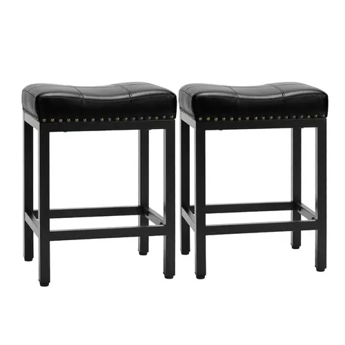 Sweet Furniture 24" Tall Counter Height Bar Stools Set of 2, Upholstered Cushioned Stable Seat PU Leather Saddle Stools with Metal Base and Foot Rest
