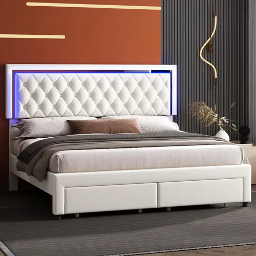AMERLIFE Modern Bed Frame with Two Storage Drawers and Smart LED Lights, Velvet Upholstered Platform Bed Adjustable Headboard, Acrylic Mirror Decoration/Full/Queen/King Size/Best Gift Ideas/Christmas Gifts