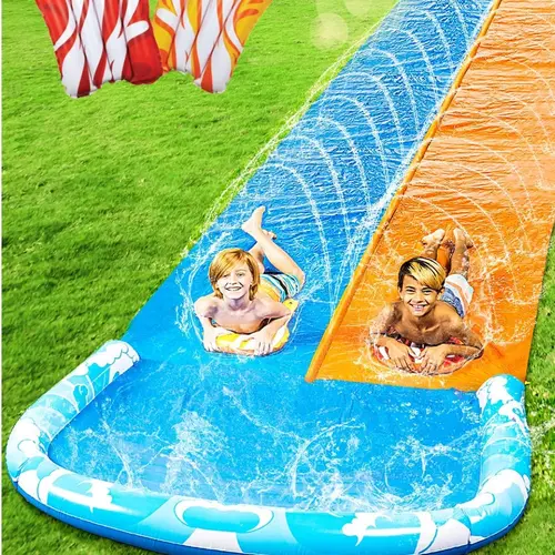 22.5FT Water Slide and 2 Inflatable Boards, Extra Long Heavy Duty Double Lawn Waterslide with Sprinkler for Kids Adults Backyard Summer Water Toy Outdoor Fun, Blue, Green DealsForYouDays
