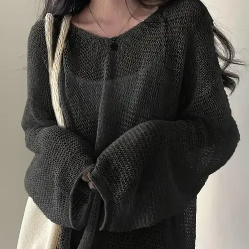 Women's Basic Solid Hollow Out Drop Shoulder Knitting Sweater, Boho Casual Long Sleeve Round Neck Jumper for Spring & Fall, Fashion Ladies' Knitwear for Daily Wear, Fit, Knit Casual Top