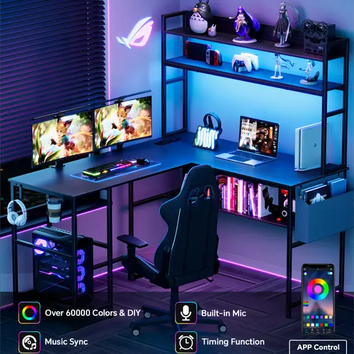 Mr IRONSTONE L Shaped Gaming Desk with LED Lights & Power Outlets Computer Desk with Office Desk with Storage Shelf, Headphone Hook,Cup Holder