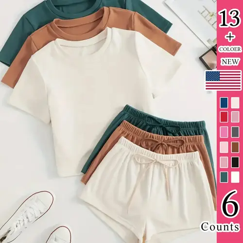 Women's Classic All-Season Pajama Set, Comfortable Round-Neck Short-Sleeve Fitted Top & Elastic Shorts, Solid Color Nightwear, Casual Home Wear, Loungewear