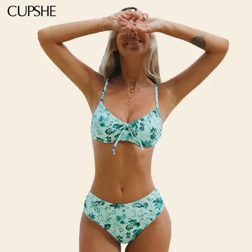 CUPSHE Women's 2-Piece Bikini Set, Tie Top Bathing Suit, Sweetheart Neckline, Shirred Waist, Tropical Ditsy Floral Print, for Beach Party Fun in the Sun, Summer 2026 Swimwear, Bikini Sets, Two-Pieces