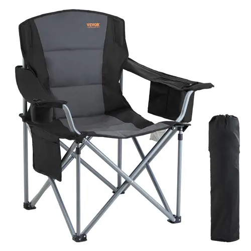 VEVOR 350lb Heavy Duty Outdoor Camping Chair for Adults - Lightweight Foldable Chair with Body Contour Lumbar Back Pad, Armrests, Side Pockets, Cup Holder, Cooler Bag for Hiking Camping, Beach, Black