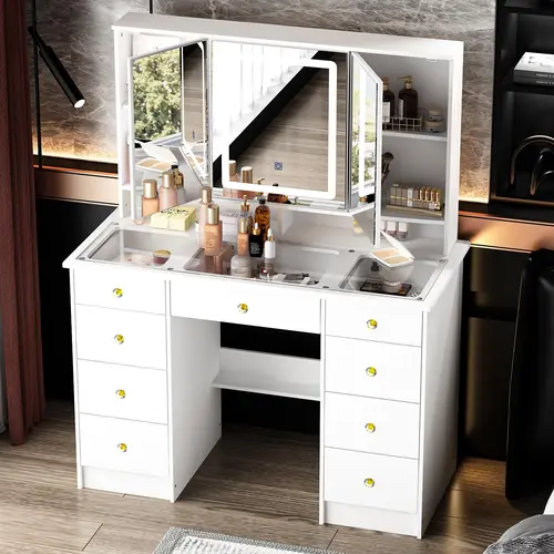 FUFU&GAGA Rectangle Vanity Desk Furniture - 43.3"W Large LED Model with 9 Drawers, 3-Mirror, Touch Screen Lights, Shelf for Polish, Ample Storage Space (Mother's Day Gift, Light Up Your Space)