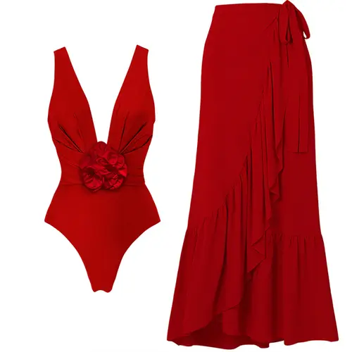 Aprilake women's Plunge V Neck Solid 3D Flower Ruched One Piece Swimsuit and Sarong