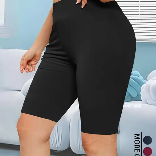 Plus Size Solid High Waist Short Leggings, Comfy Breathable Skinny Fitness Workout Shorts for Yoga Gym Running, Stretchy Athletic Shorts, High Stretch Athletic Cut Shorts, Breathable Sporty Bottoms