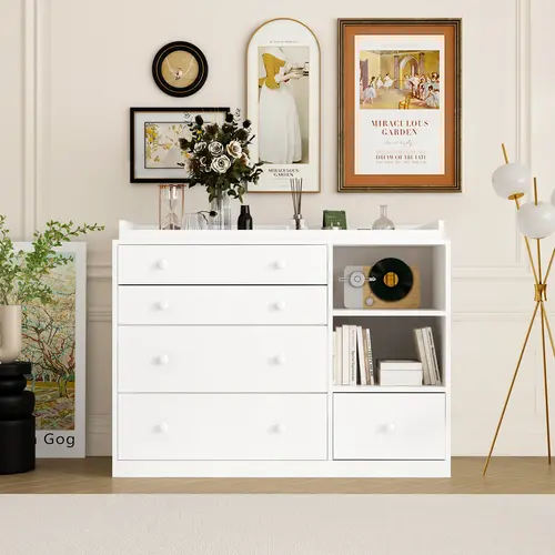 FUFU&GAGA Modern Nursery Engineered Wood Drawer Chest Sideboard - 5-Drawer Tidy, 2 Open Shelves, Change-Safe Top, Lifted Base, Sturdy Indoor Storage Cupboard for Bedroom, Playroom (Requires Assembly, Slide Rail)