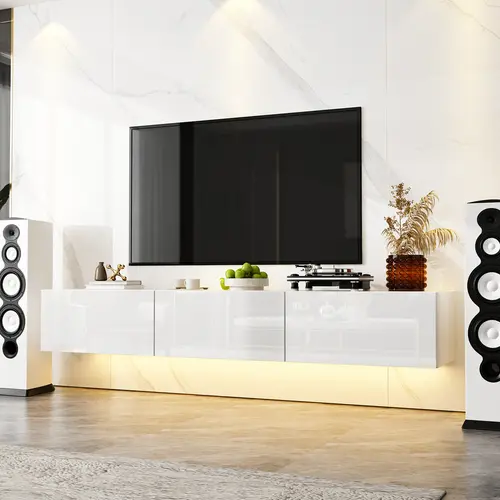 FUFU&GAGA Floating LED TV Stand for Living Room, Wall-Mounted Wood Media Console for TVs up to 70", Glossy Surface, 44-Color LED Lights, Tv Stand Living Room, Tv Console Table, Living Room Furniture