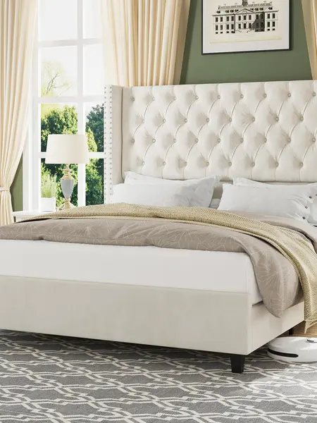 [Summerwins] AMERLIFE Modern Bed Frame, Velvet Upholstered Platform Bed with 51.6" Tall Wingback Headboard, Deep Button Tufted, No Box Spring Needed/Sturdy Structure Design/Luxury Furniture Design/Queen/King Size/Christmas Gifts