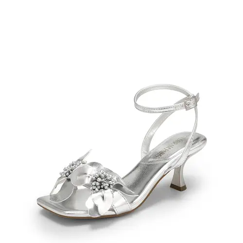 Dream Pairs Women's Classy Kitten Heel Sandals - Vegan Leather, Square Toe, Flower Appliqué, Ankle Strap, Breathable Cute Footwear for Summer Weddings & Parties