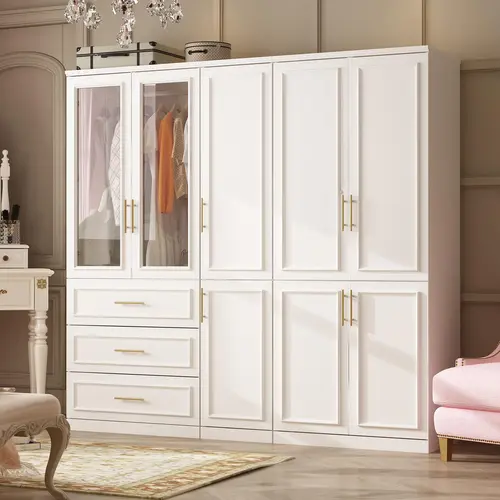 FUFU&GAGA Parents Day's gift 4 Door Wardrobe Closet with Shelves, Armoires and Wardrobes Wardrobe Closet with Hanging Rod, Gold Metal Handles, Bedroom Armoire Closet