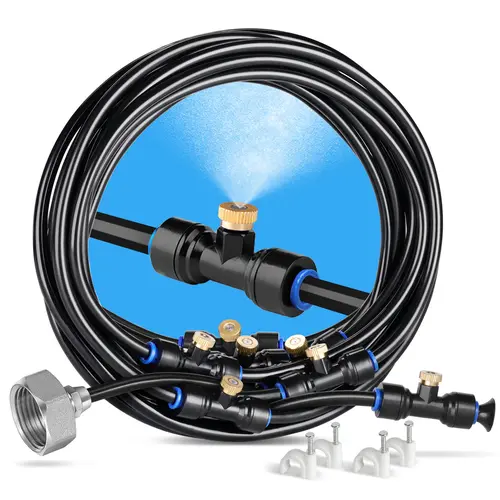 HOMENOTE Heavy-Duty Misting Kit with Brass Parts, Pre-Assembled System for Patio/Greenhouse Cooling + Watering, Enables Temperature Drop (Includes 3/4" Adapter & Nozzles, Heavy-Duty Hose)