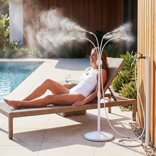 HOMENOTE Standing Misting Cooling System with Fillable Base, 26.2FT Water Line, Adjustable Height Standing Mister for Outside Patio Cooling, Pool Tanning, Garden Greenhouse Watering summergarden