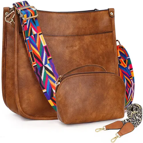 HKCLUF 4055 Crossbody Bag Purse for Women 2pcs Leather Hobo Bags and Wallet Set With 2 Replacement Guitar Leopard Strap