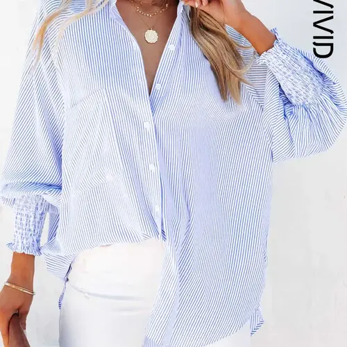 Women's Striped Print Button Front Frill Trim Raglan Sleeve Pocket Design Shirt Blouse, Casual Long Sleeve Shirred High Low Top for Spring & Fall, Ladies Clothes