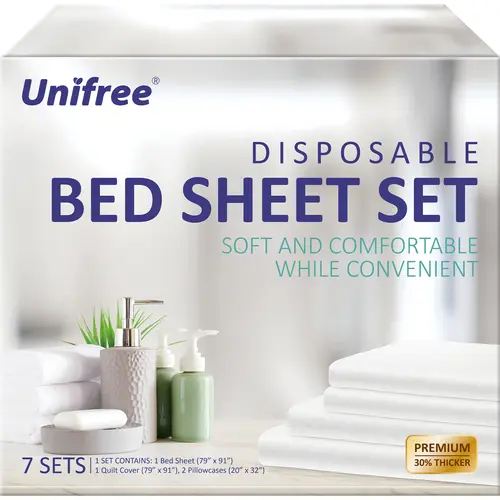 Unifree 7 Sets Disposable Bedsheet Sets, Hygienic Pack Lightweight Easy-to-Carry Moisture-Wicking Travel Bedding, 79"×91" Full Bed Sheet & Quilt Cover, 2 Pcs 20"×32" Pillowcases for Hotel, Back to School