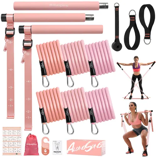 ALongSong Pilates Bar Kit with Resistance Bands, 3-Section Foam Bar, Adjustable Ankle Straps, Door Anchor and Carry Bag, Portable Home Exercise Set for Pilates, Yoga and Resistance Training, Coral Pink & Blue