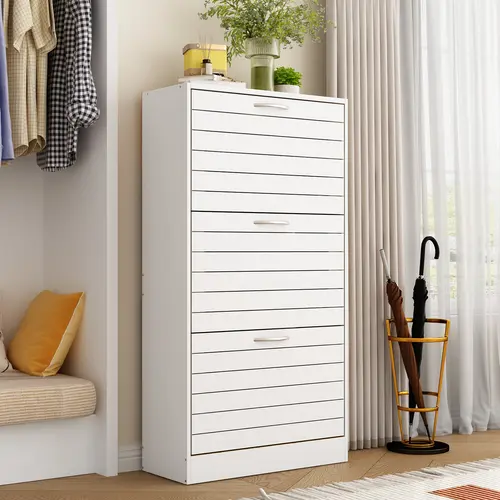 FUFU&GAGA Sturdy Modern Wooden 3-Drawer Rectangle Shoe Storage Cabinet - 3-Tier Shelf, Ventilated Doors, 22.4"w x 9.4"d x 42.3"h, Assembly Required, Multi-Organizer for Hallway, Bedroom Furniture