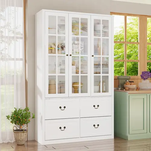 FUFU&GAGA 78.7" H Aesthetic 4-Tier Stable Small Cross Design Bookshelf, Engineered Wood Storage Cabinet with 2 Glass Doors & 2x13.8" Deep Drawers, Pantry Cabinet for Home Library & Living Room Kitchen Furniture, Contemporary, Bookshelf Rack, Glass Panels