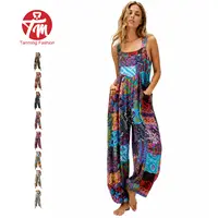 Tanming Women's Ethnic Strap Bib Overall, Baggy Loose Wide Leg Jumpsuit with 2 Button Closures, Patchwork Dual Pockets, Floral Print for Spring,summerwins,summeroutfits,vacationoutfits,bathingsuitwomenset,beachoutfits