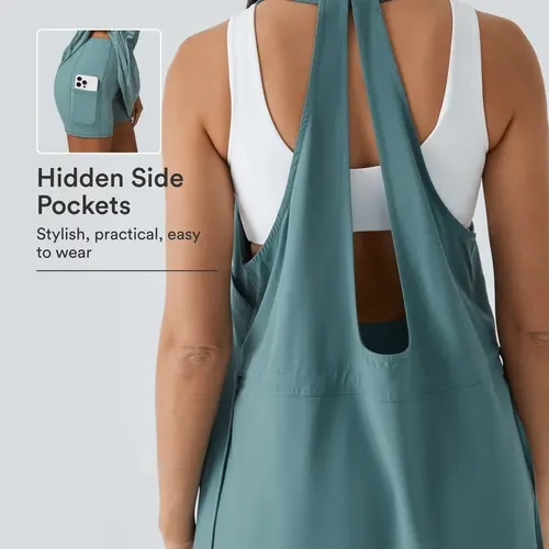 Halara Breezeful U Neck Backless Multiple Pockets Drawstring 2-Piece Quick Dry Mini Hiking Dress