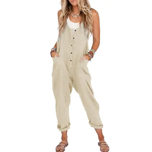 UANEO Women's Overalls Linen Cotton Jumpsuits Casual Loose Jumpers Adjustable Straps with Pockets Womenswear SummerVibes
