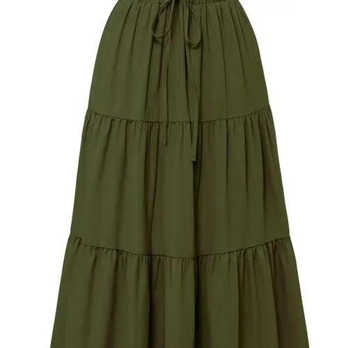 Solid Color Ruffle Tiered Hem Fake Drawstring Design Casual Midi Skirt, Bottoms, Elastic Waist, Natural Waist, All over Print, Fall & Winter Women's Clothing