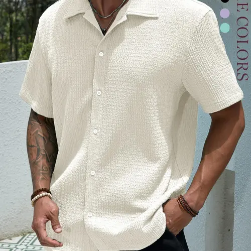 Men's Textured Button Front Neckline Shirt, Casual Classic Regular Fit Short Sleeve Plain Collared Top for Summer, Summer Leisure Top 2024, National Day Clothing, Button Up Tops, Men's Clothes for Daily Wear