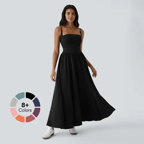 Halara Breezeful Backless Side Pocket Plicated Flowy Flare Maxi Casual Slip Dress #BackToSchool